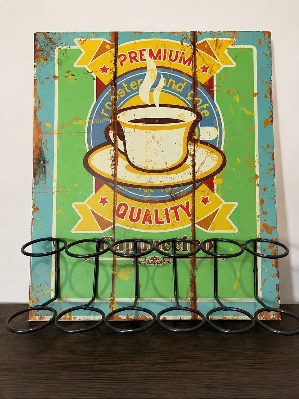 Vintage Cappuccino Coffee Sign & K Cup Rack Wall Decor – Retro Café